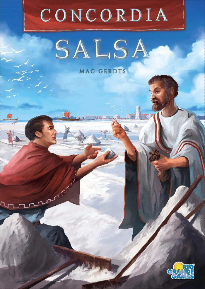 Concordia: Salsa board game expansion featuring salt commodity, depicted with two men trading salt by the sea with ships.