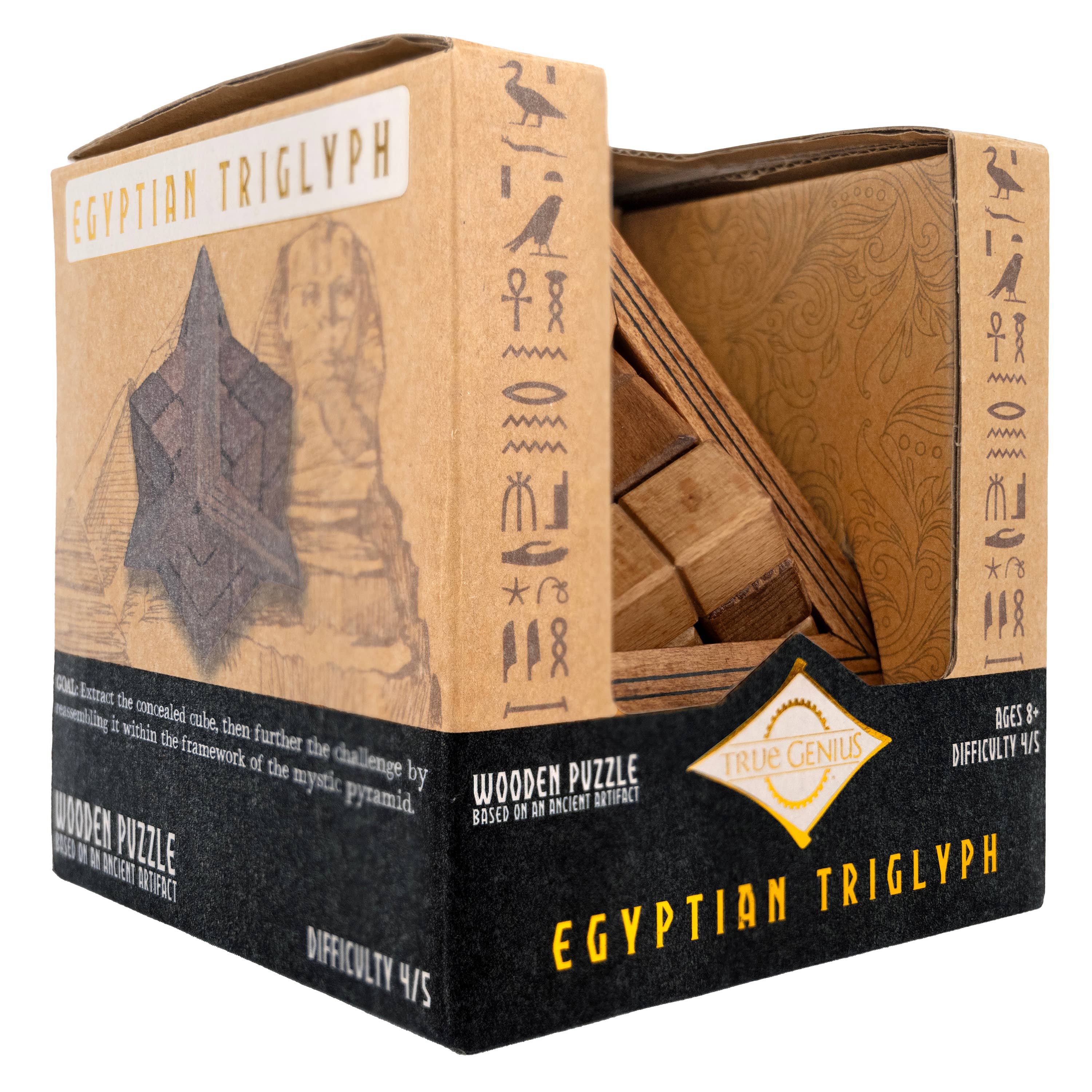 True Genius Egyptian Triglyph Puzzle, a wooden brainteaser with hieroglyphic designs in an open display box.