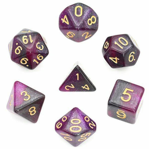 Black & Purple Galaxy RPG Dice Set of seven dice with gold numbers.