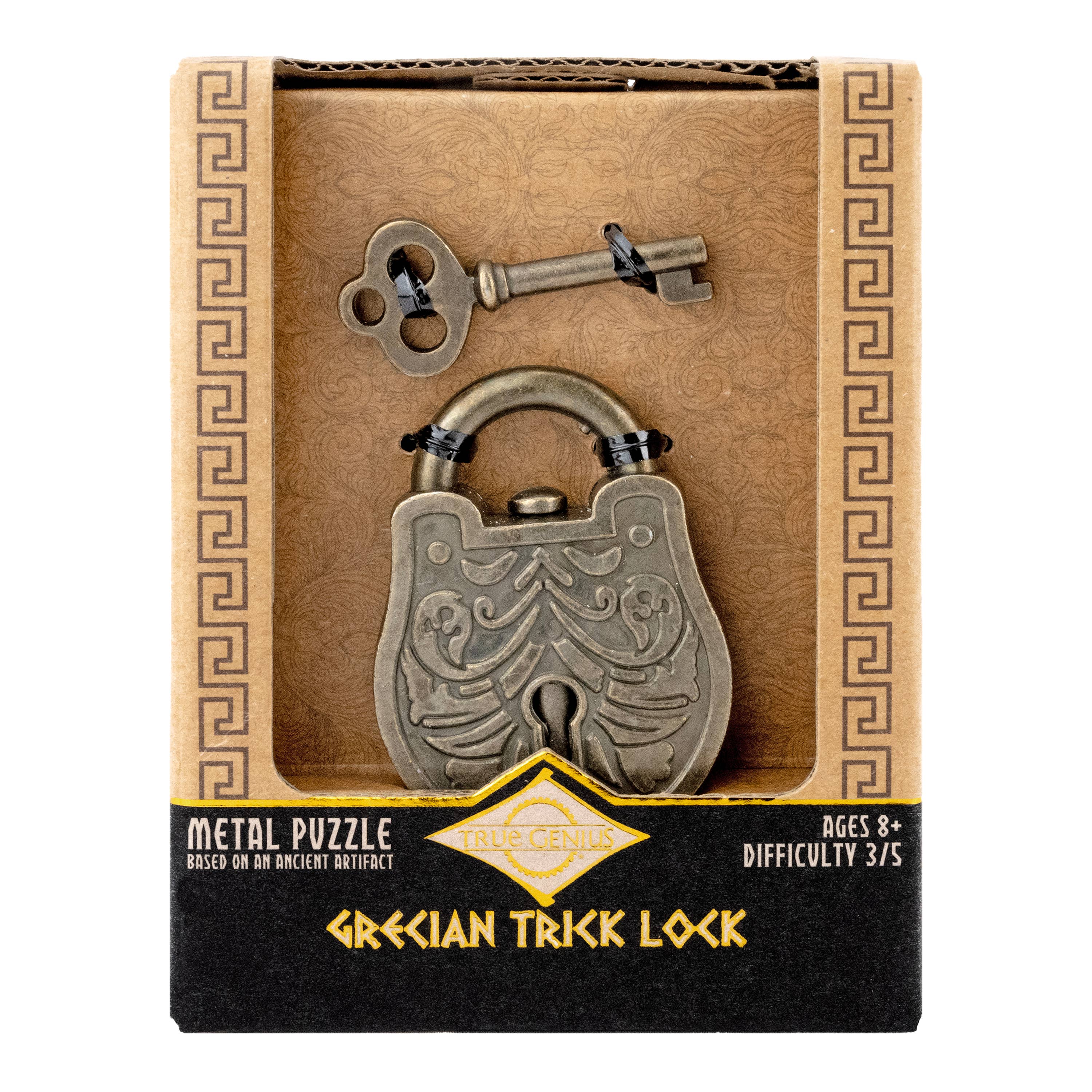 True Genius Greek Trick Lock Puzzle with metal lock and key in box, Theodorus of Samos edition, ages 8+, difficulty 3/5.