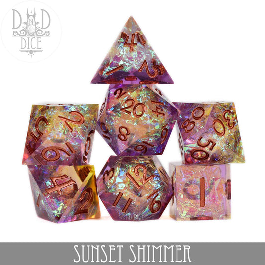 Sunset Shimmer (Handmade) translucent multi-colored 7 dice set with copper numbers.