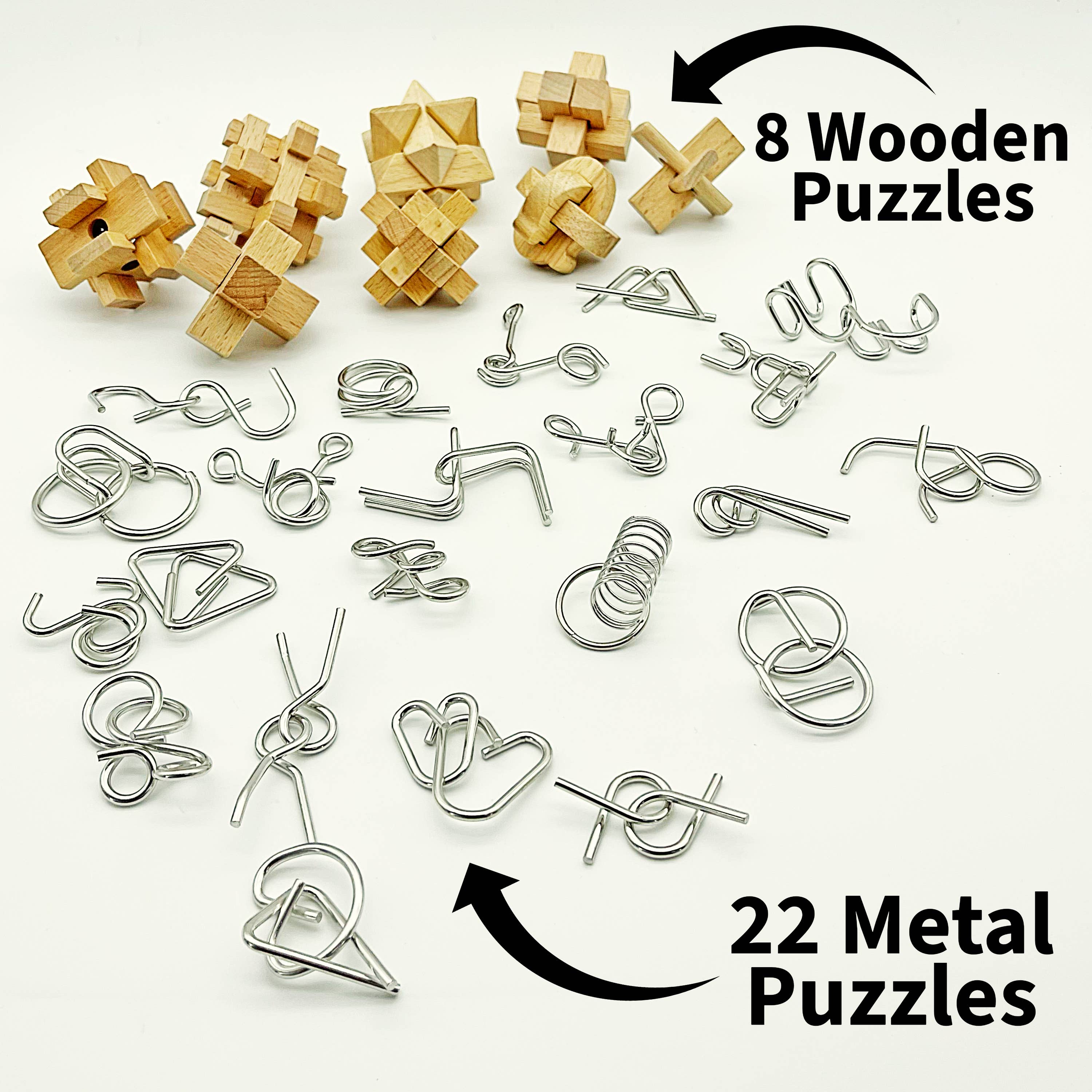 The True Genius Museum Collection 30-piece Gift Set includes assorted wood and metal brainteasers.