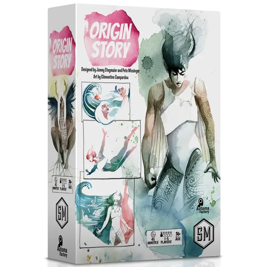 Origin Story board game box with watercolor hero and action scenes on the cover.