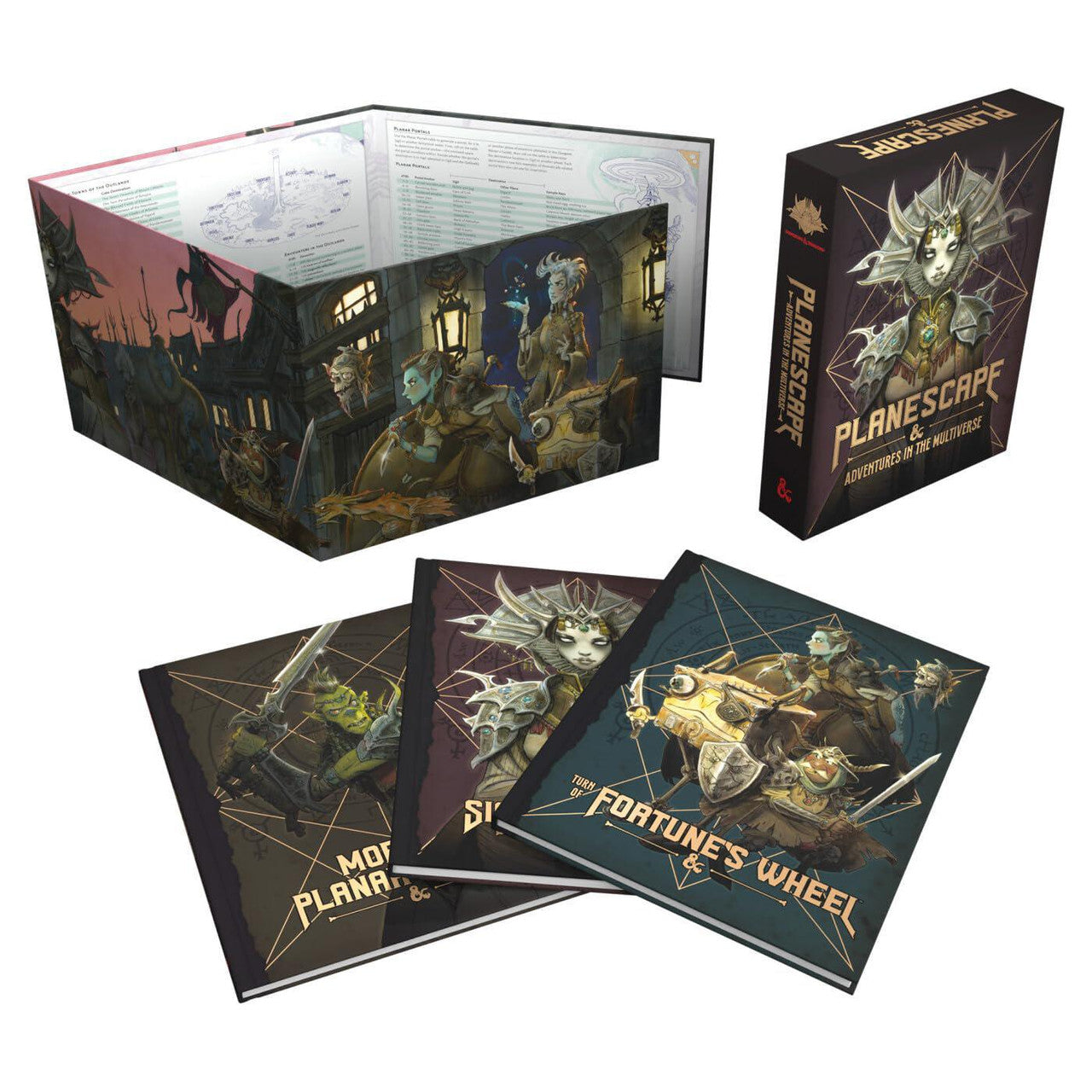 Dungeons & Dragons Planescape Adventures in the Multiverse Alt HC with Sigil, three booklets, and DM screen.