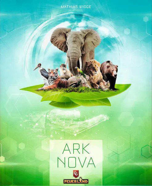 Ark Nova board game box featuring an elephant and tiger on a green leaf above the game title.
