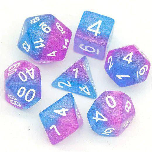 Blue Raspberry Sorbet RPG Dice Set: seven blue and pink gradient dice with white numbers for D&D or role-playing games.