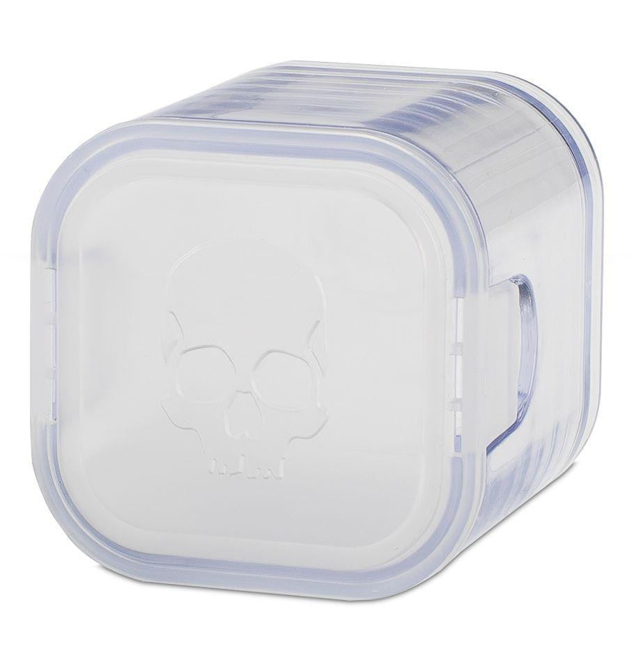 Clear plastic cube with embossed skull lid for Warhammer 12mm Dice Set - RED.