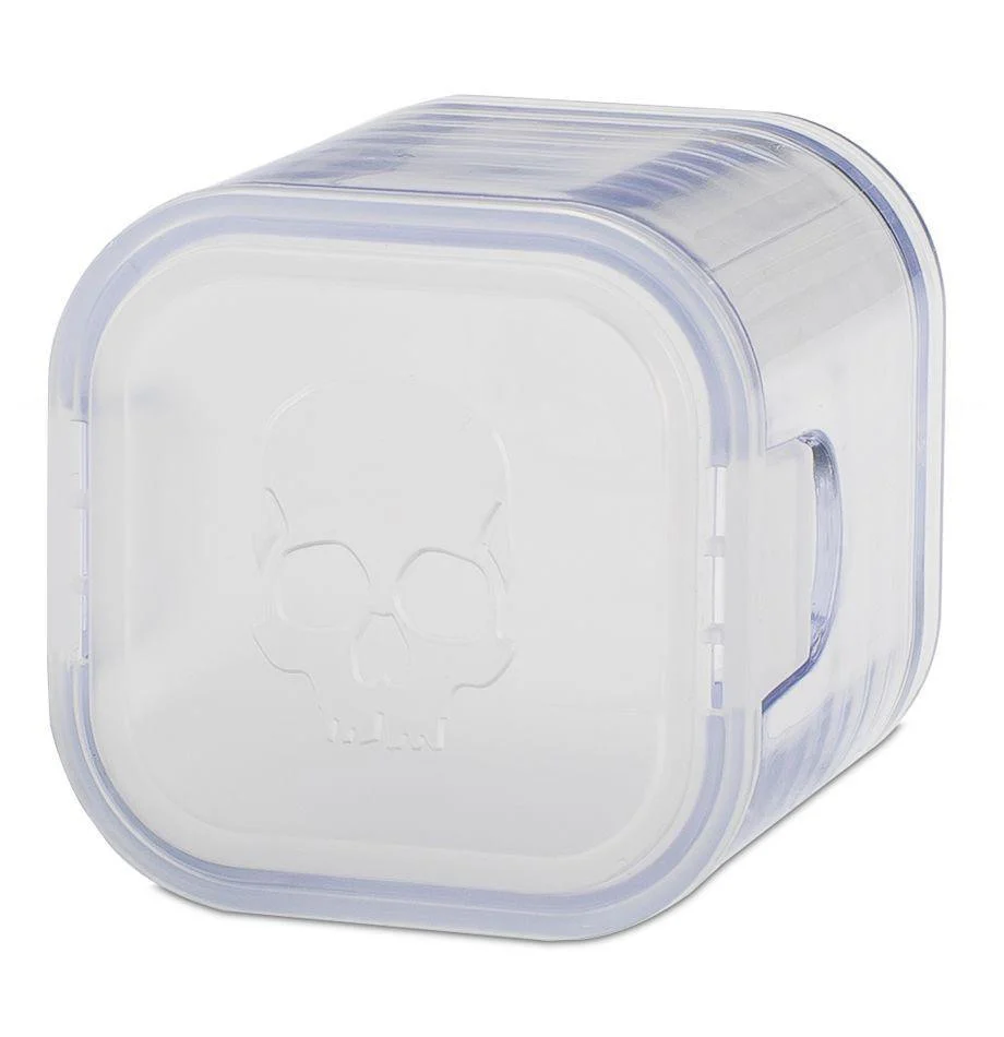 Warhammer 12mm Dice Set - RED, packaged in clear plastic cube with skull-embossed lid.