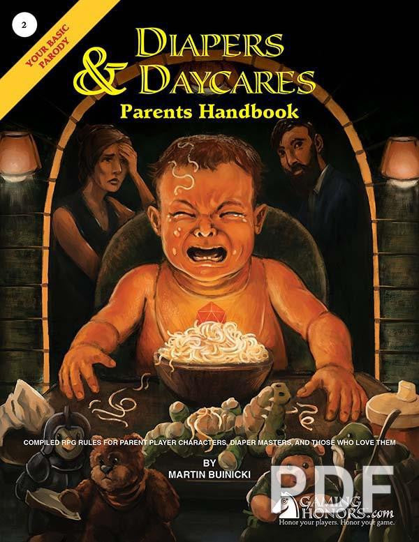 Diapers & Daycares: Parent Handbook parody RPG cover with a crying baby at a table and two adults.