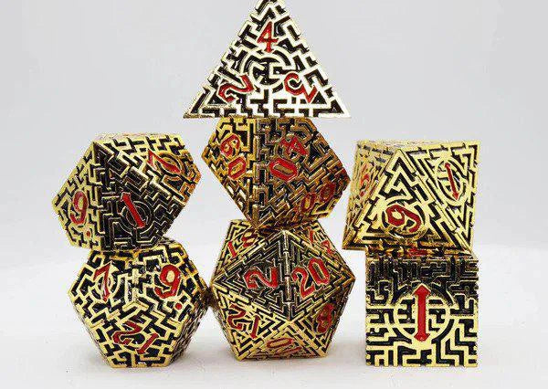 Six Egyptian Labyrinth RPG metal dice with red numbers and maze patterns.