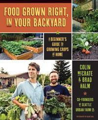 Food Grown Right In Your Backyard book cover with garden beds, vegetables, and two people holding produce.