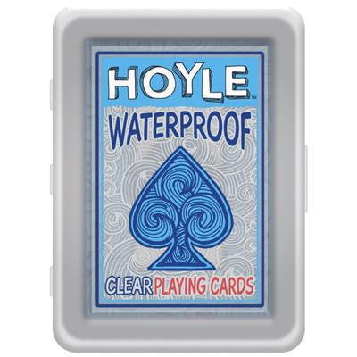 Hoyle Clear Waterproof playing cards in a plastic case with a blue spade on the front.