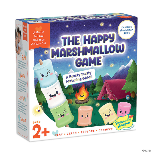 The Happy Marshmallow Game for ages 2+, with marshmallows, campfire, and tent illustrated on the box.