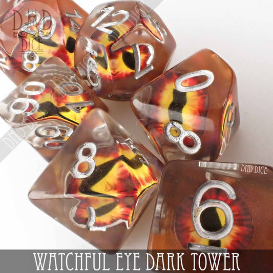 Watchful Eye - Dark Tower 7-piece resin dice set with eyeball designs.