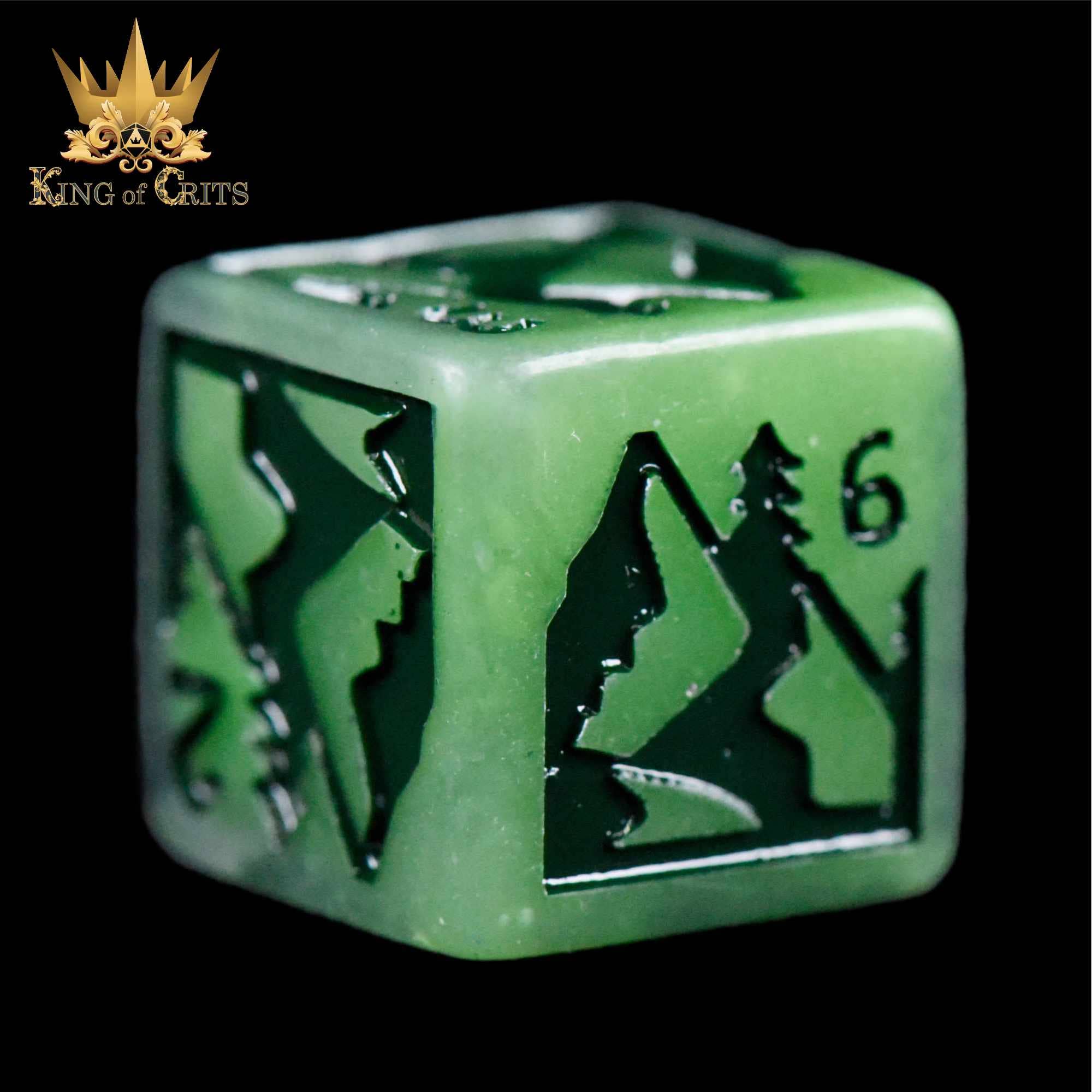 Forces of Nature 4D6 Set: green resin dice with forest and mountain designs and King of Crits logo.