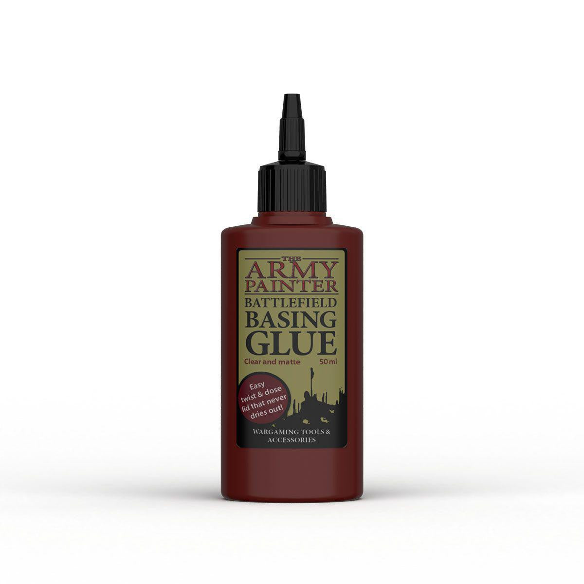 Army Painter Basing Glue bottle with black nozzle and green and red label, non-toxic formula.