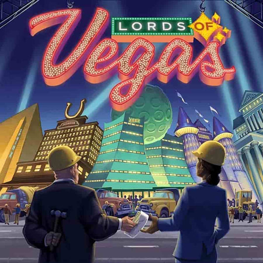 Lords of Vegas Revised Edition sign with two people in hard hats reviewing blueprints by casinos.