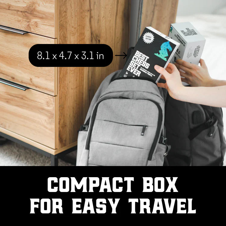 Travel Best Chess Set Ever with silicone board shown being packed in a gray backpack; box measures 8.1x4.7x3.1 inches.