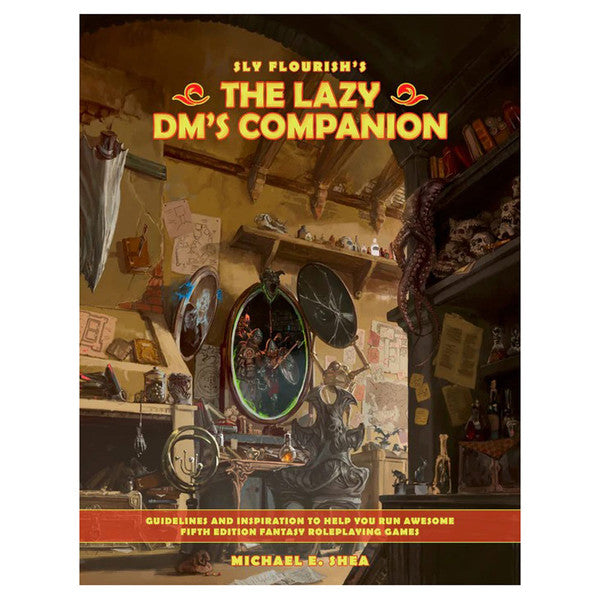 The Lazy DMs Companion book cover featuring a Dungeon Masters lair with books, skulls, and adventuring gear.