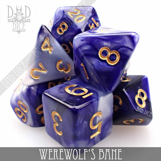 7-piece purple and white marbled Werewolfs Bane DND dice set with gold numbers.