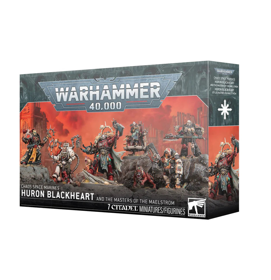 Warhammer 40,000 Chaos Space Marines Huron Blackheart set with painted figures displayed on the box.