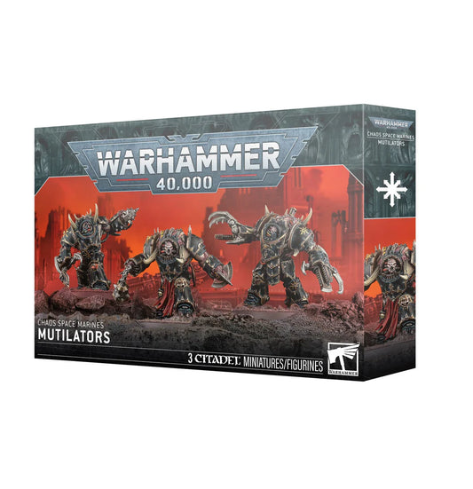 Warhammer 40,000 Chaos Space Marines Mutilators box set with three armored figures depicted on packaging.