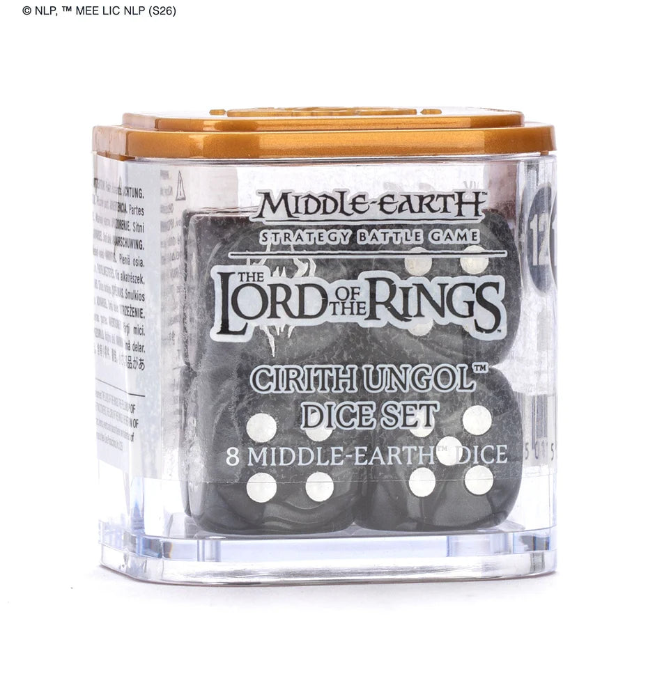 Cirith Ungol Dice Set for Middle-Earth Strategy Battle Game, 8 dice in clear box with gold lid.