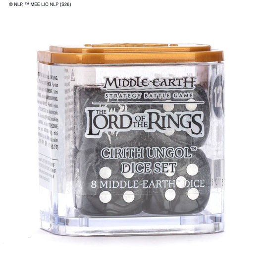 Cirith Ungol Dice Set for Middle-Earth Strategy Battle Game, 8 dice in clear box with gold lid.