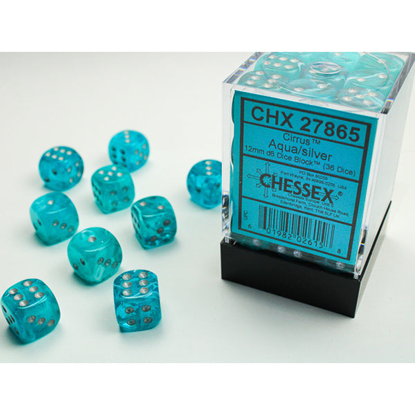 Cirrus Aqua/Silver 36d6 dice set with several translucent blue dice outside the box.