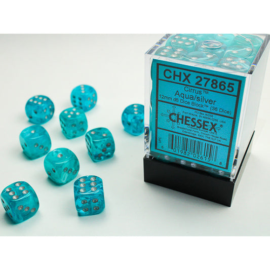 Cirrus Aqua/Silver 36d6 dice set with several translucent blue dice outside the box.