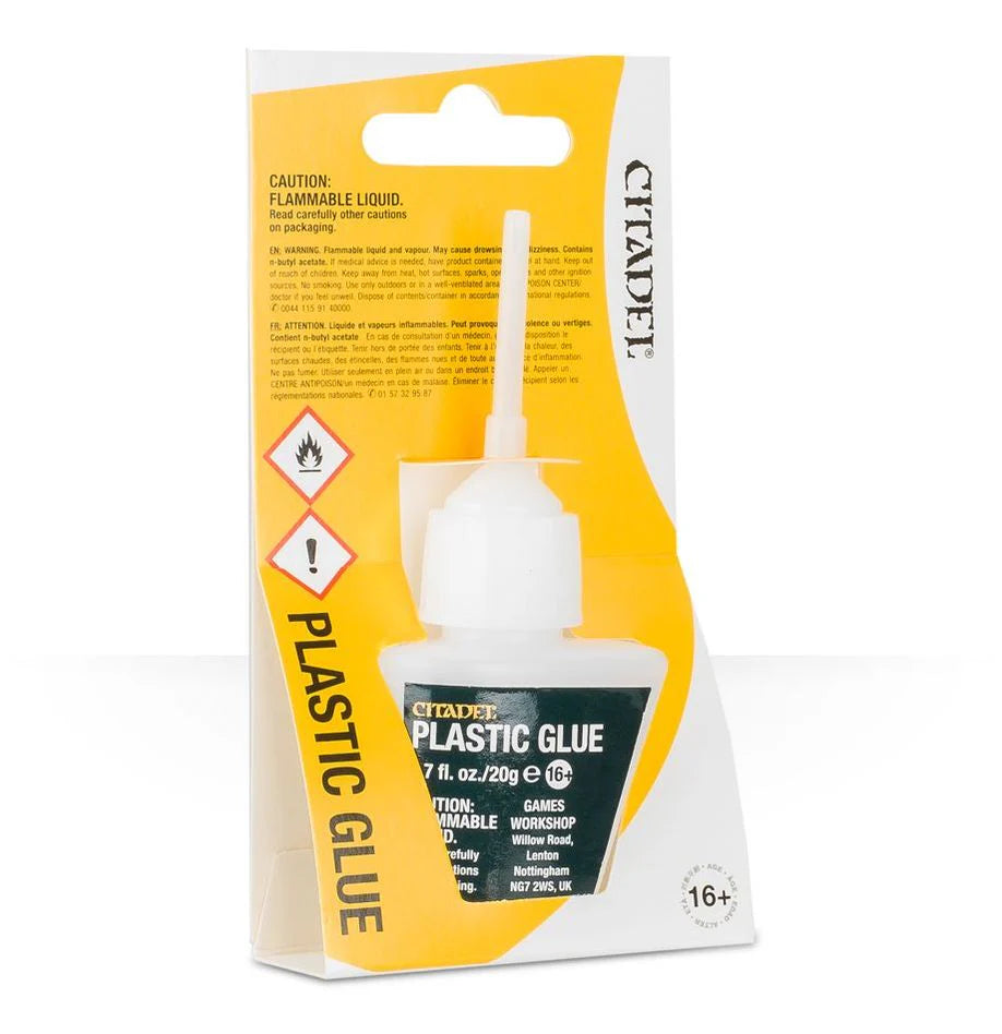 Citadel Plastic Glue for miniatures, white/yellow packaging, flammable, suitable for ages 16 and up.