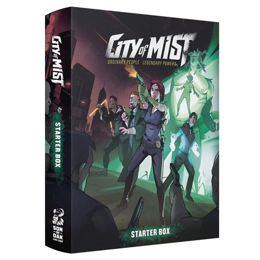 City of Mist: The Starter Box with powered character materials, custom dice, and comic-style city backdrop.