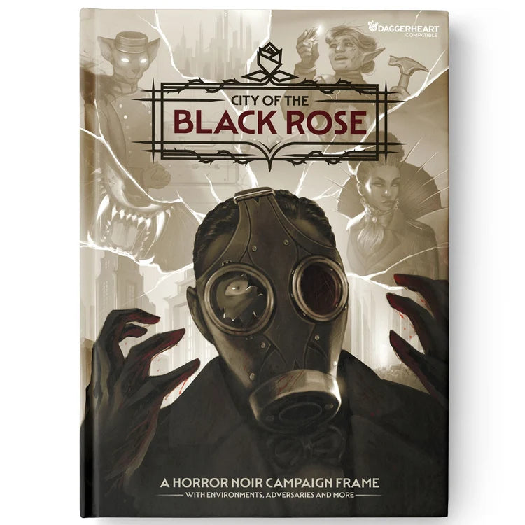 City of the Black Rose cover featuring a gas-masked figure with claws over horror-noir heroes.