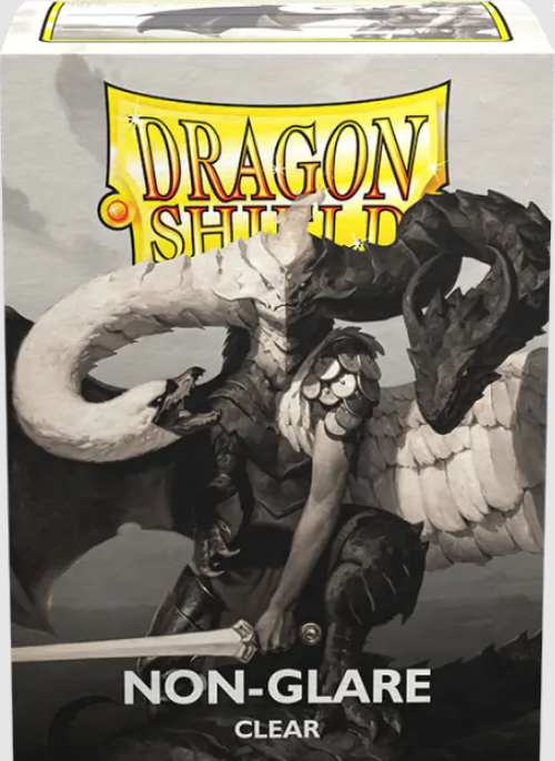 Dragon Shield Sleeves Matte Clear V2 Non-Glare packaging with fantasy warrior and white dragon artwork.