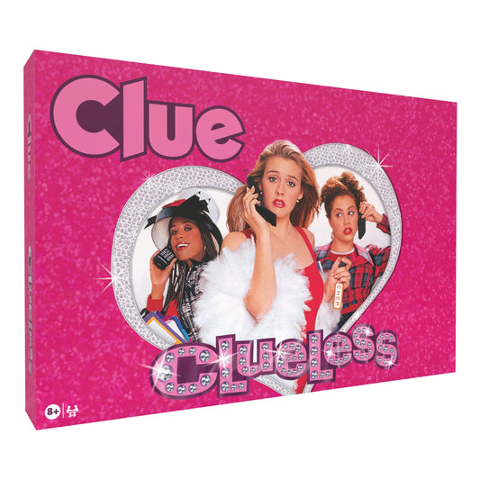 CLUE: Clueless edition board game box featuring three girls in a heart, each on the phone.