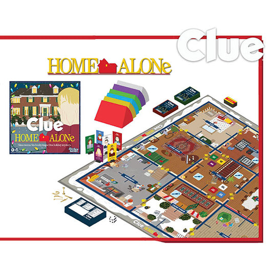 Clue: Home Alone board game with cards, game pieces, and house-themed components.