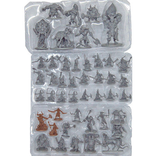 Plastic tray containing unpainted miniatures from Massive Darkness: Lightbringer Pack and several exclusive brown-painted figures.