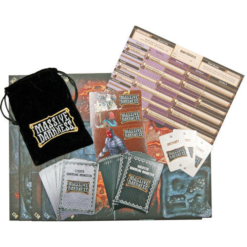 Massive Darkness: Lightbringer Pack with cards, black pouch, game boards, and special figure.