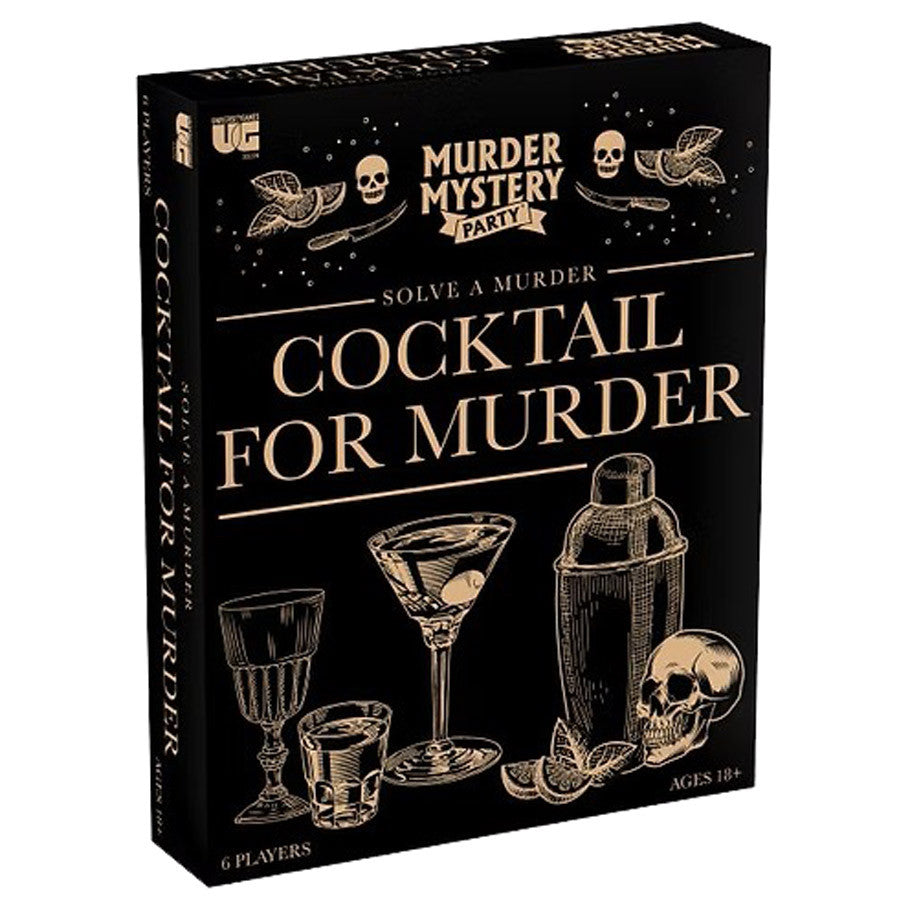 Cocktail for Murder 1920s party game set with glasses, shaker, and skull art. For ages 18+, up to 6 players.