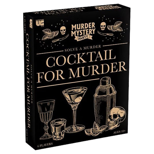 Cocktail for Murder 1920s party game set with glasses, shaker, and skull art. For ages 18+, up to 6 players.