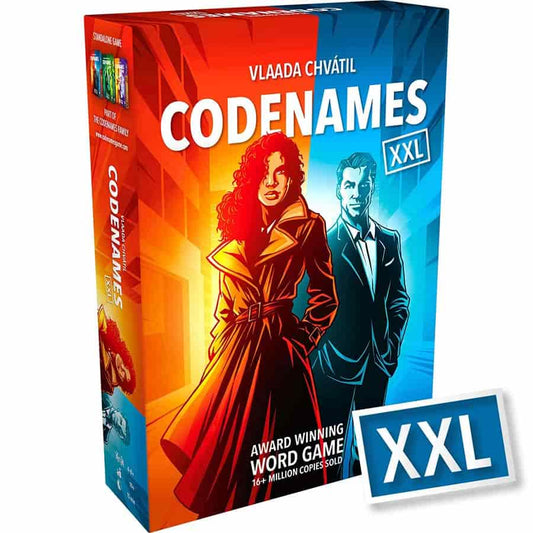 Codenames XXL 2025 Edition party game box with XXL label, showing illustrated man and woman on red and blue background.