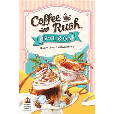 Coffee Rush: Grab & Go board game cover featuring coffee drinks, whipped cream, and coffee beans.