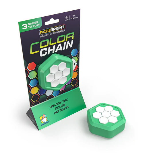 Color Chain - Puzzle Bright Mini: two green hexagonal logic toys with white buttons.