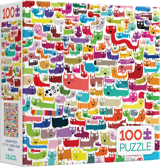 Colorful Cats 100-piece jigsaw puzzle featuring cartoon cats and dogs in bright colors grouped together.