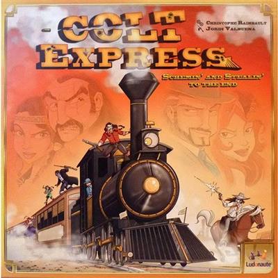 Colt Express board game box featuring bandits on a steam train with the title above.