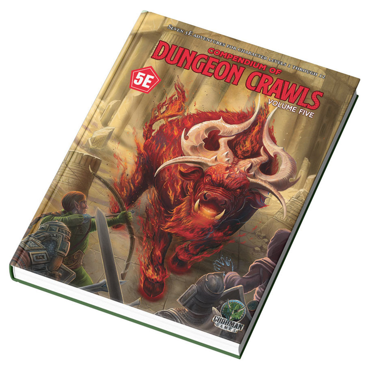 5E Compendium of Dungeon Crawls Vol 5 book cover featuring a fiery bull charging two armed adventurers in a dungeon.