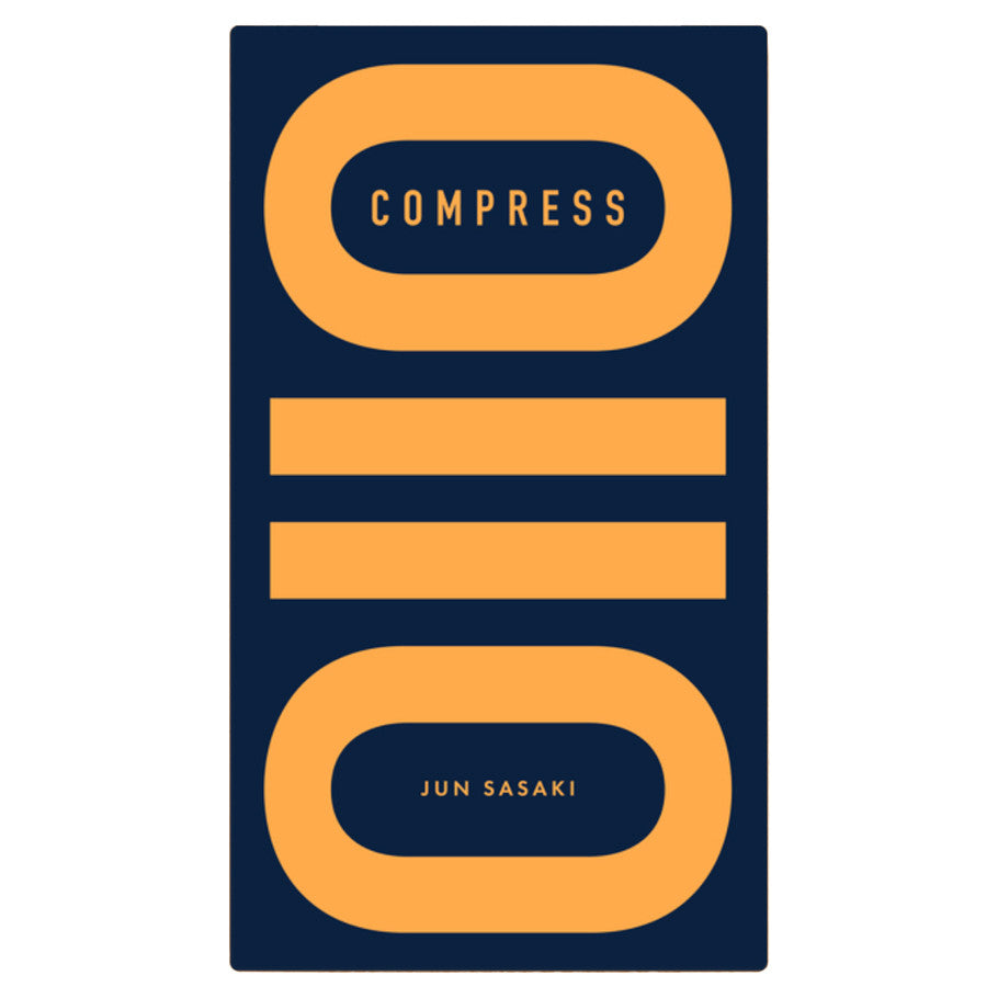 Book titled “Compress” with sequence tracking, navy cover, and bold orange shapes.