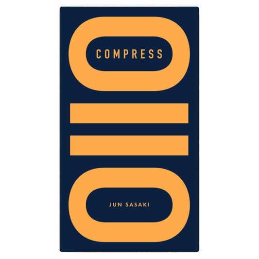 Book titled “Compress” with sequence tracking, navy cover, and bold orange shapes.