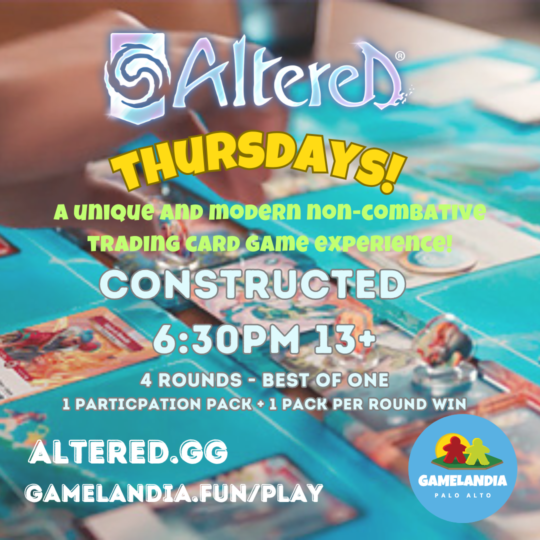Hands playing Thursday ALTERED - Constructed 13+ card game at GameLandia, event details for Altered Thursdays visible.