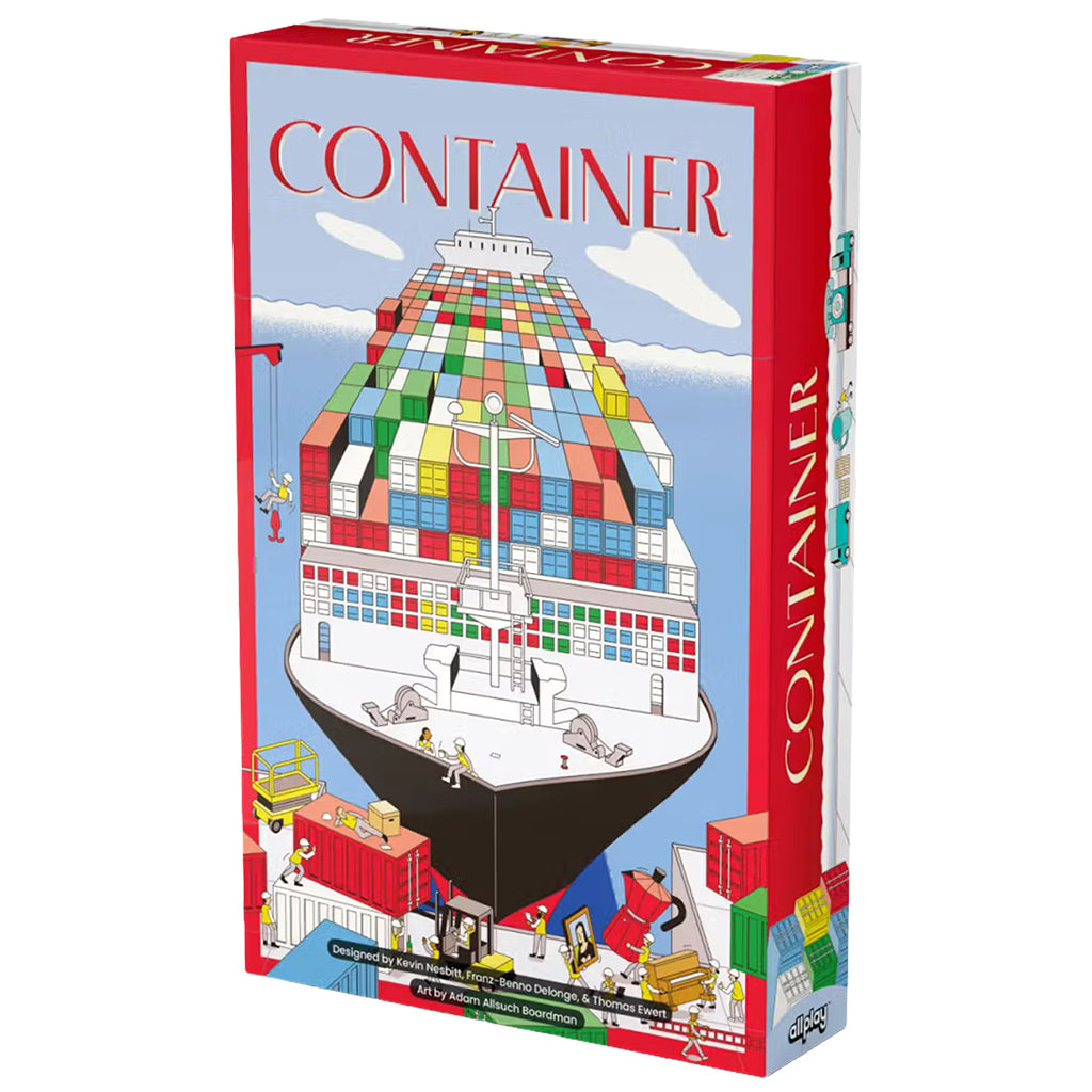 Container board game box with container ship artwork; economic strategy, trading, and auction gameplay.